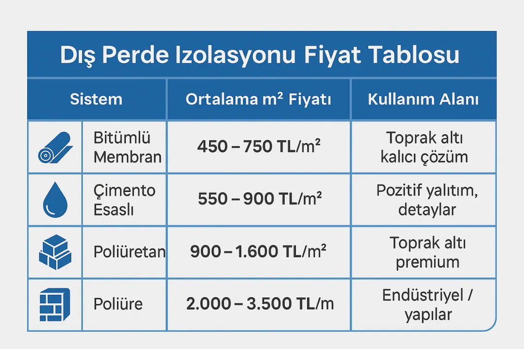 Dış perde izolasyonu fiyat tablosu – bitümlü membran, çimento esaslı, poliüretan sistem fiyat karşılaştırması – 2025 Dek-Mar