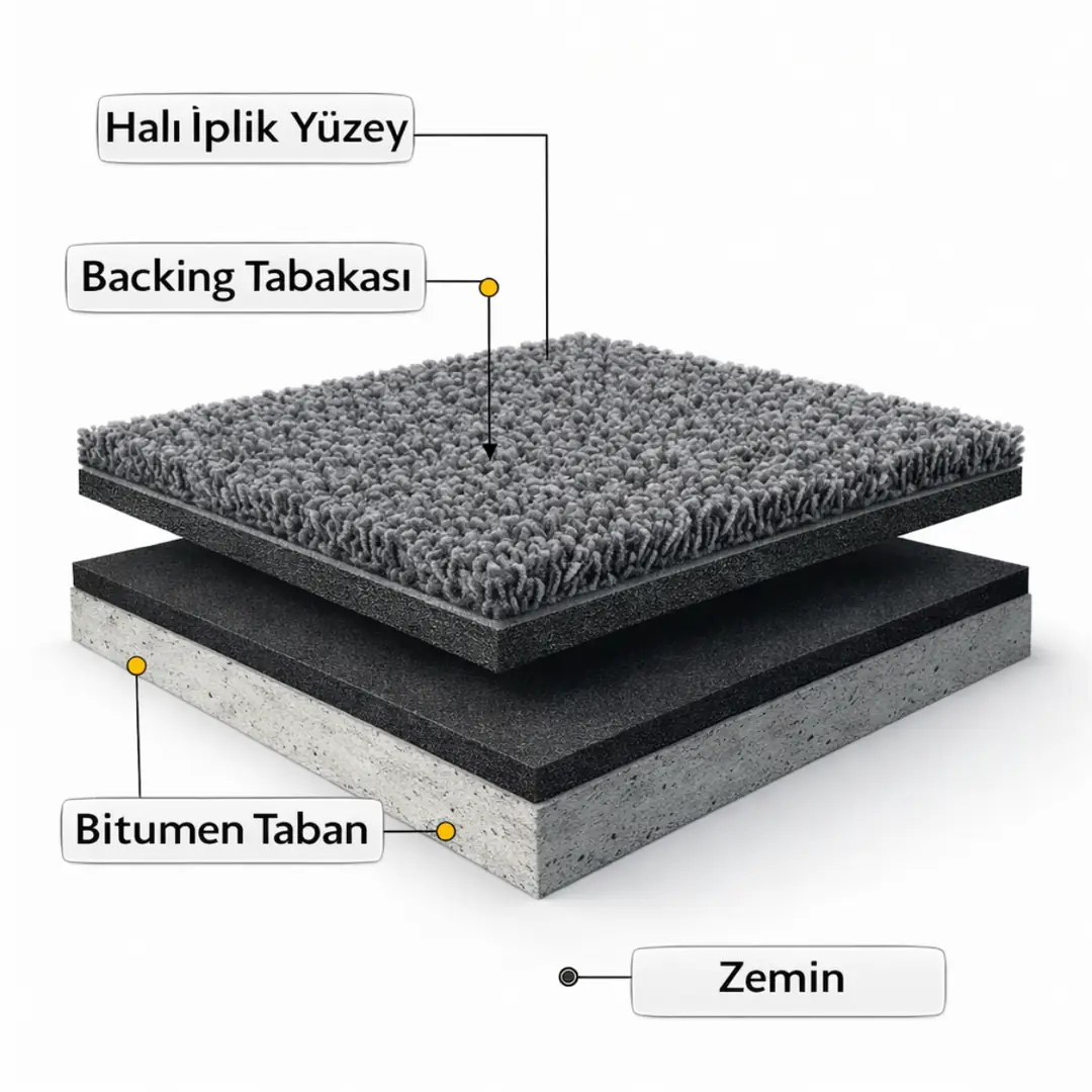 karo halı katman kesit şeması iplik yüzey backing ve bitumen taban&nbsp;