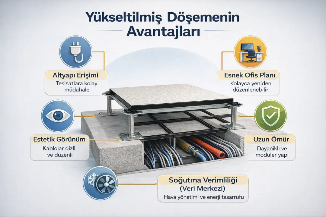 Yükseltilmiş döşemenin teknik ve operasyonel avantajlarını gösteren infografik&nbsp;