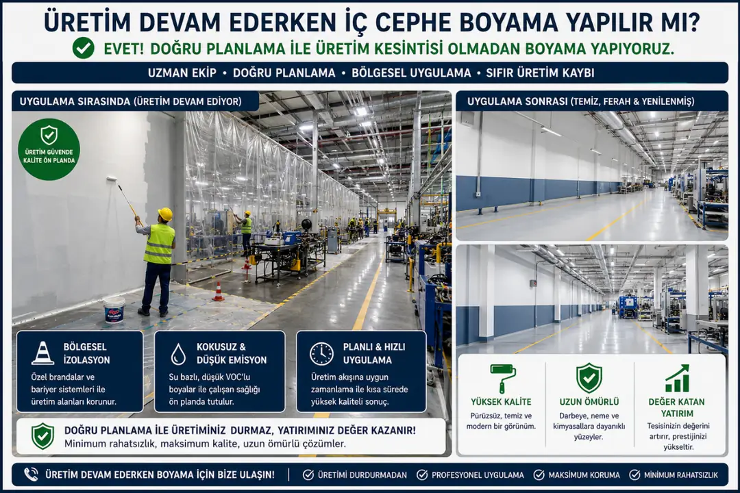 Profesyonel ekip ile üretim devam ederken fabrika iç cephe boyama uygulaması&nbsp;