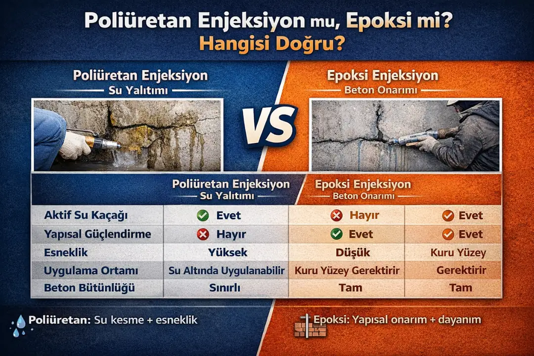 Poliüretan ve epoksi enjeksiyon karşılaştırma tablosu – su yalıtımı, yapısal onarım ve hangi çatlakta hangi sistem seçilir&nbsp;