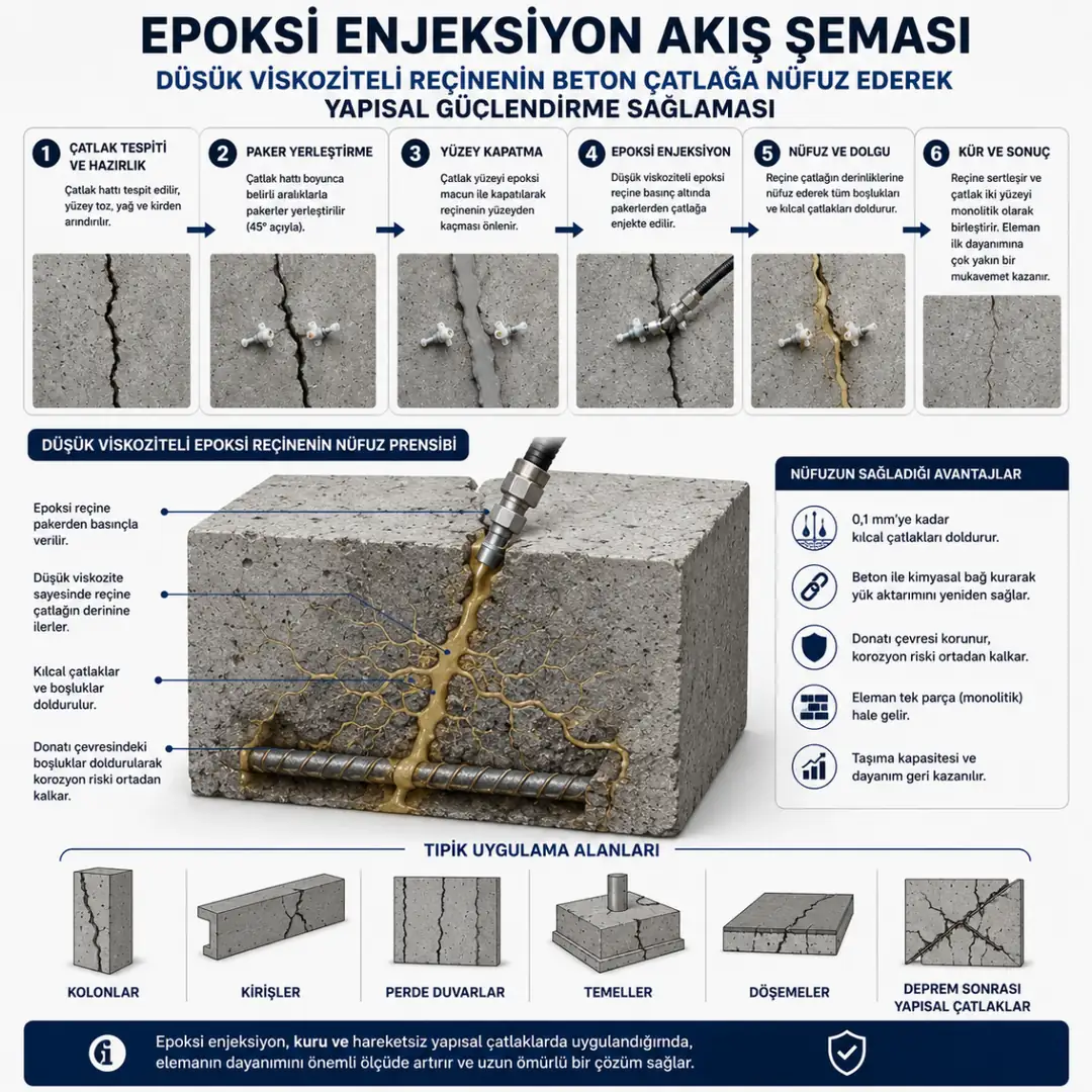 Düşük viskoziteli epoksi reçinenin beton çatlak içine nüfuz etme şeması&nbsp;