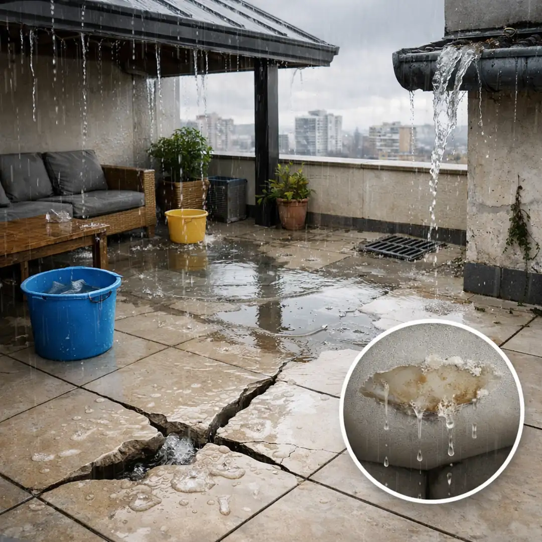 Su sızıntısı oluşmuş çatlaklı teras zemini, yanlış yalıtım uygulamasının neden olduğu yüzey bozulmaları