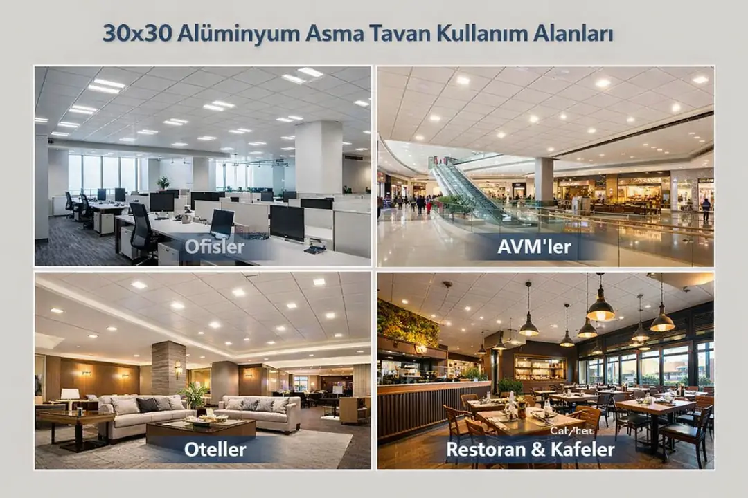 30x30 alüminyum asma tavan kullanım alanları – ofis, AVM, otel ve restoranlarda estetik ve dayanıklı tavan çözümleri
