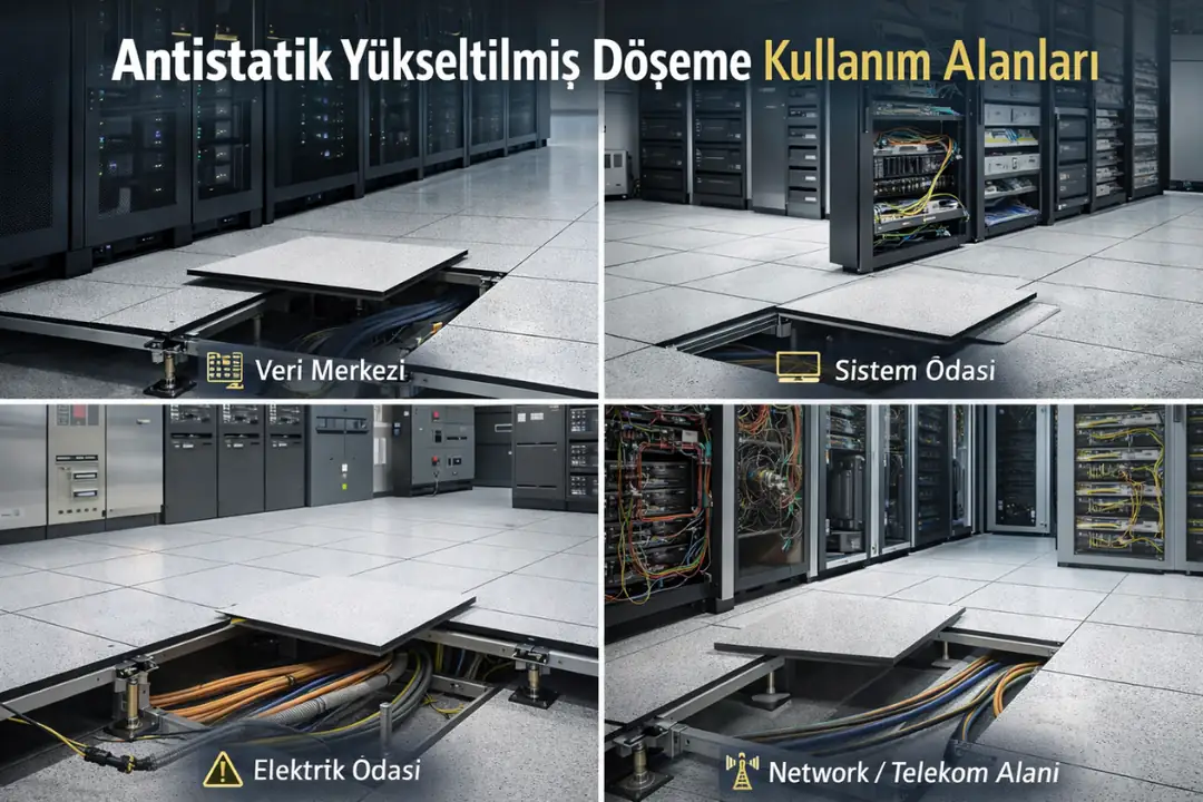 Antistatik yükseltilmiş döşeme kullanım alanları veri merkezi sistem odası&nbsp;
