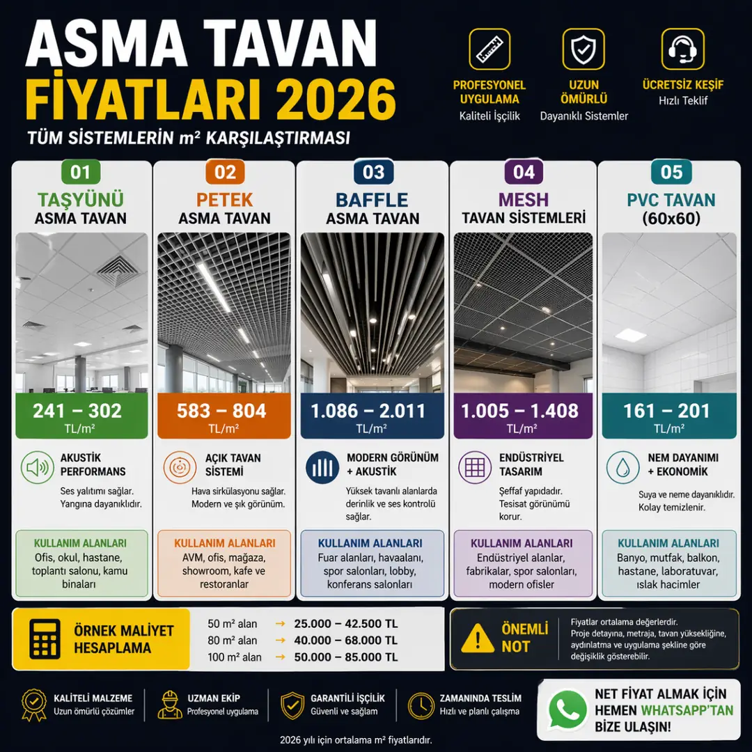 Asma tavan fiyatları 2026 karşılaştırma tablosu, taşyünü, baffle, mesh ve PVC tavan m2 fiyatları ve özellikleri