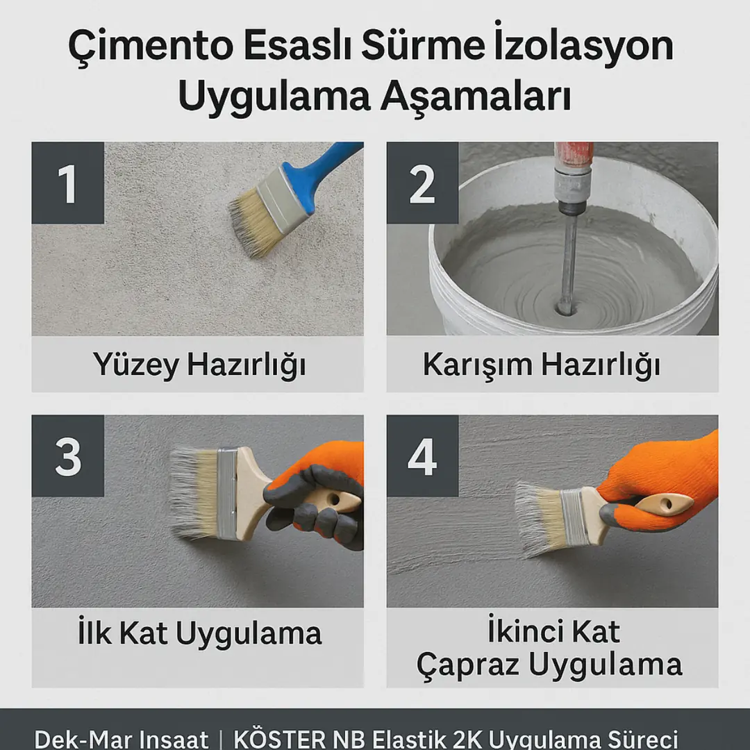 Çimento esaslı sürme izolasyon uygulama aşamaları – Dek-Mar İnşaat profesyonel su yalıtımı süreci 2025.