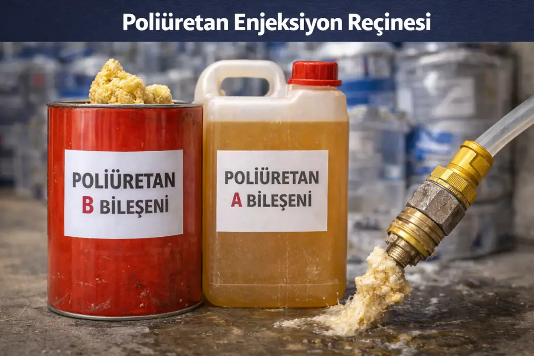 Su yalıtımında kullanılan poliüretan enjeksiyon reçinesinin endüstriyel ambalaj ve ekipmanlarla birlikte profesyonel uygulama öncesi görünümü.&nbsp;