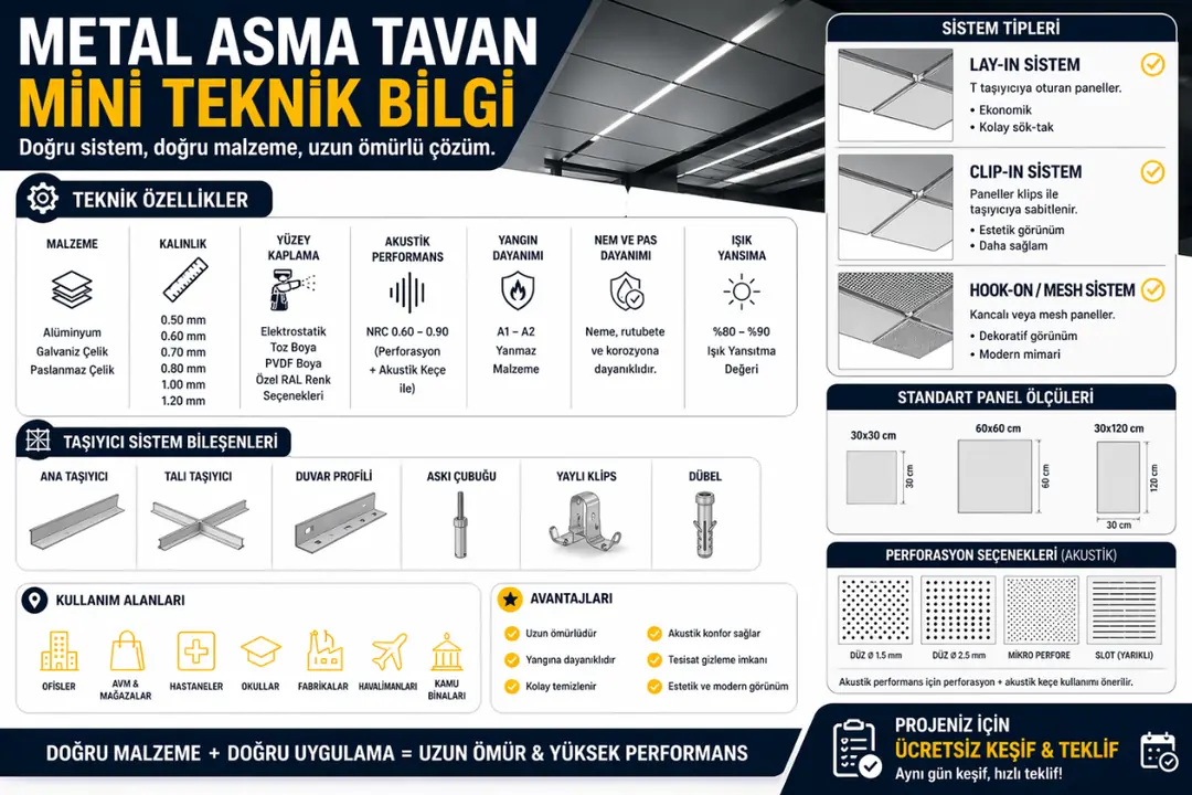 Metal asma tavan teknik özellikleri; panel kalınlığı, akustik performans, yangın dayanımı ve sistem bileşenleri bilgisi