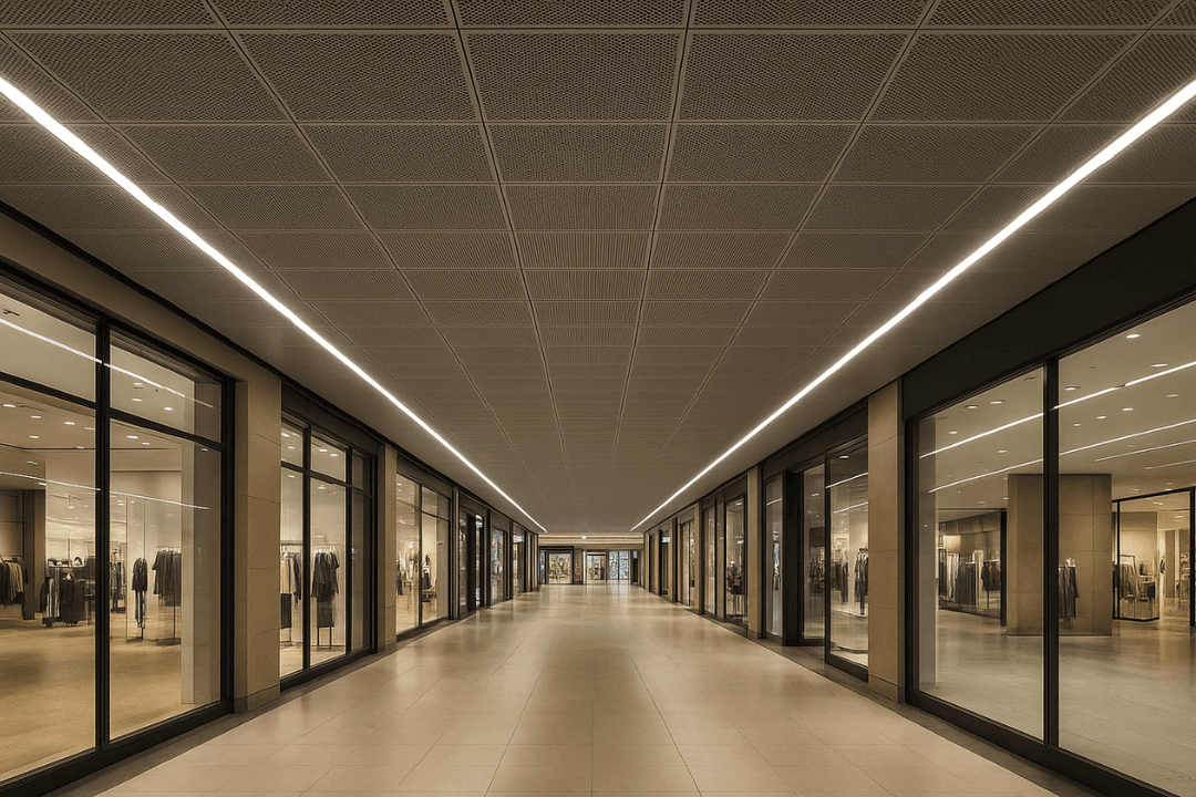 AVM koridorunda metal asma tavan panelleri ve LED ışıklar.