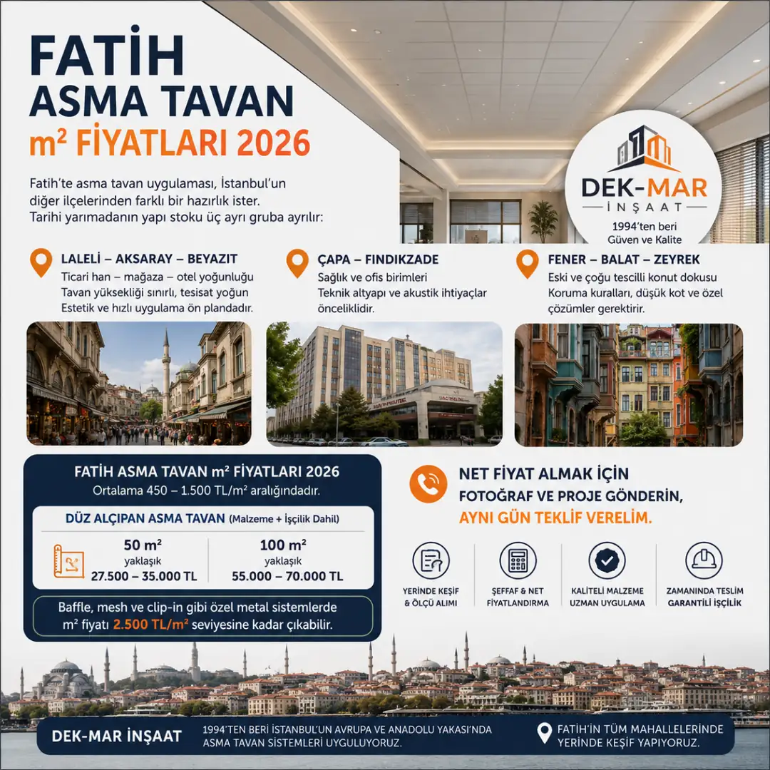 Fatih asma tavan m² fiyatları 2026, alçıpan ve metal tavan sistemleri için güncel maliyet ve uygulama bilgileri