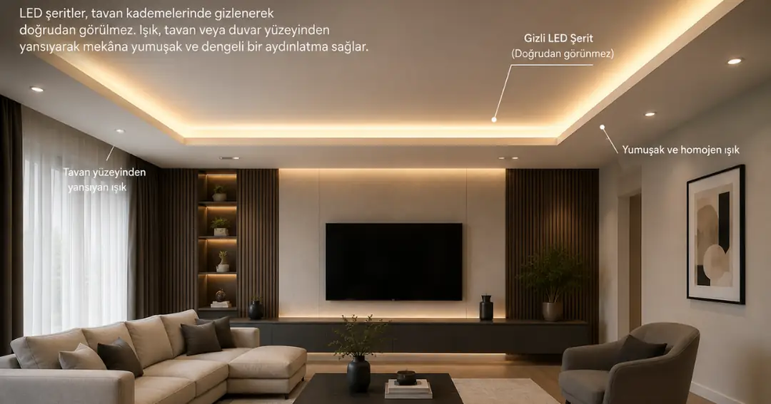 Oturma odasında tavan kademesine gizlenmiş LED şeritli alçıpan asma tavan aydınlatması&nbsp;