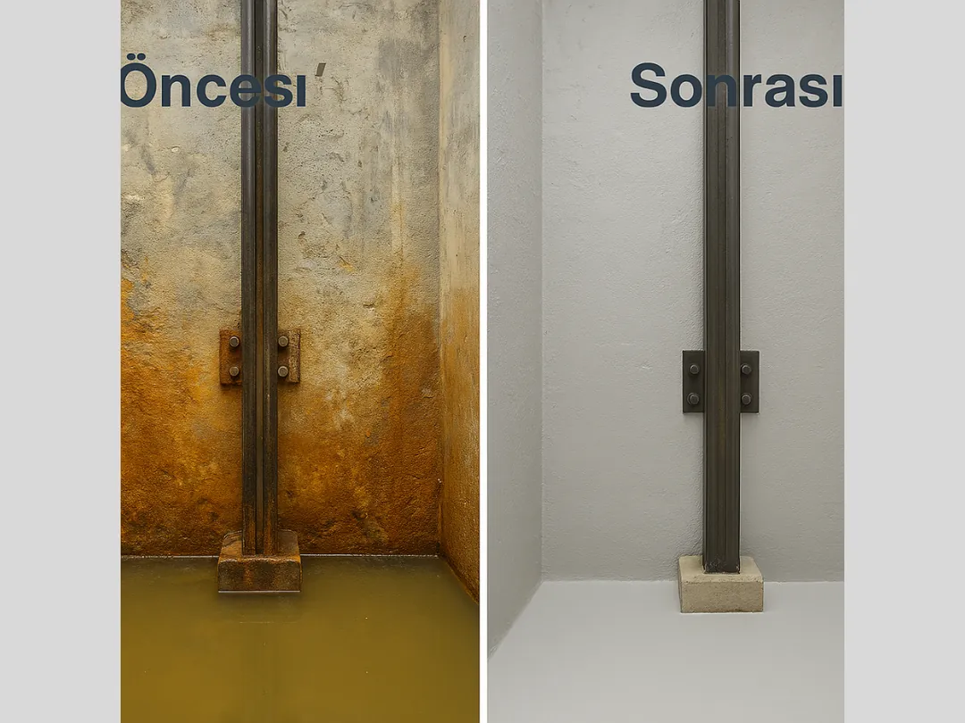 Asansör kuyusu su yalıtımı öncesi ve sonrası karşılaştırma: paslı, nemli kuyu ve uygulanmış, kuru temiz yüzey.
