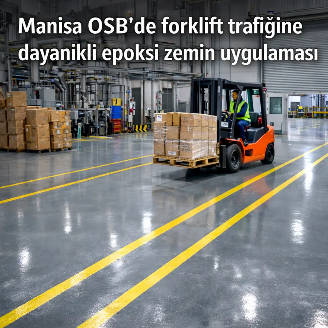 Manisa organize sanayi bölgesinde forklift trafiğine dayanıklı epoksi zemin uygulaması