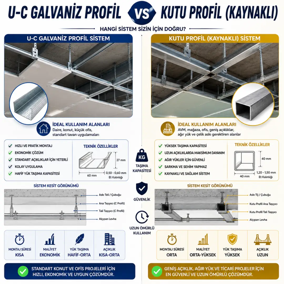U-C galvaniz profil ile kutu profil asma tavan taşıyıcı sistemi karşılaştırması