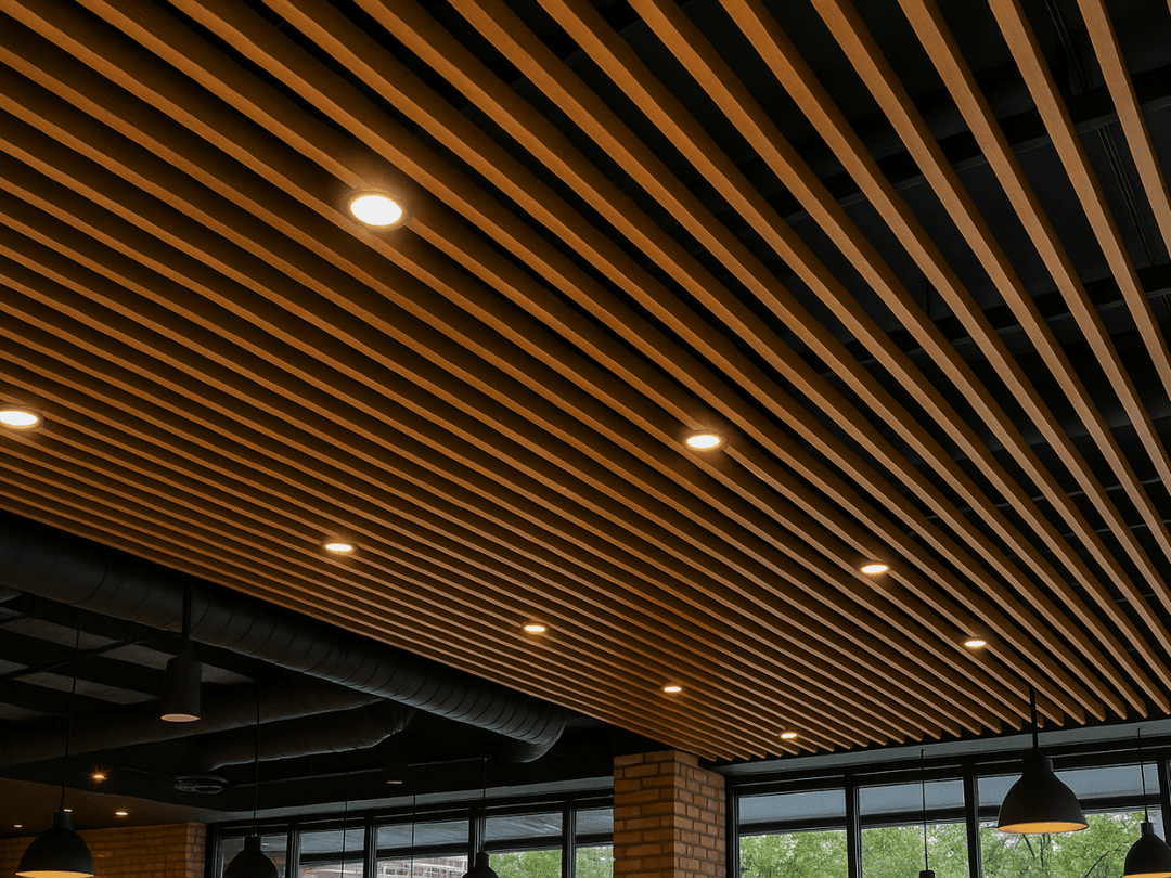 Çorlu’da modern kafe ve restoranlar için uygulanan baffle tavan sistemi – estetik, akustik ve aydınlatmalı çözüm.