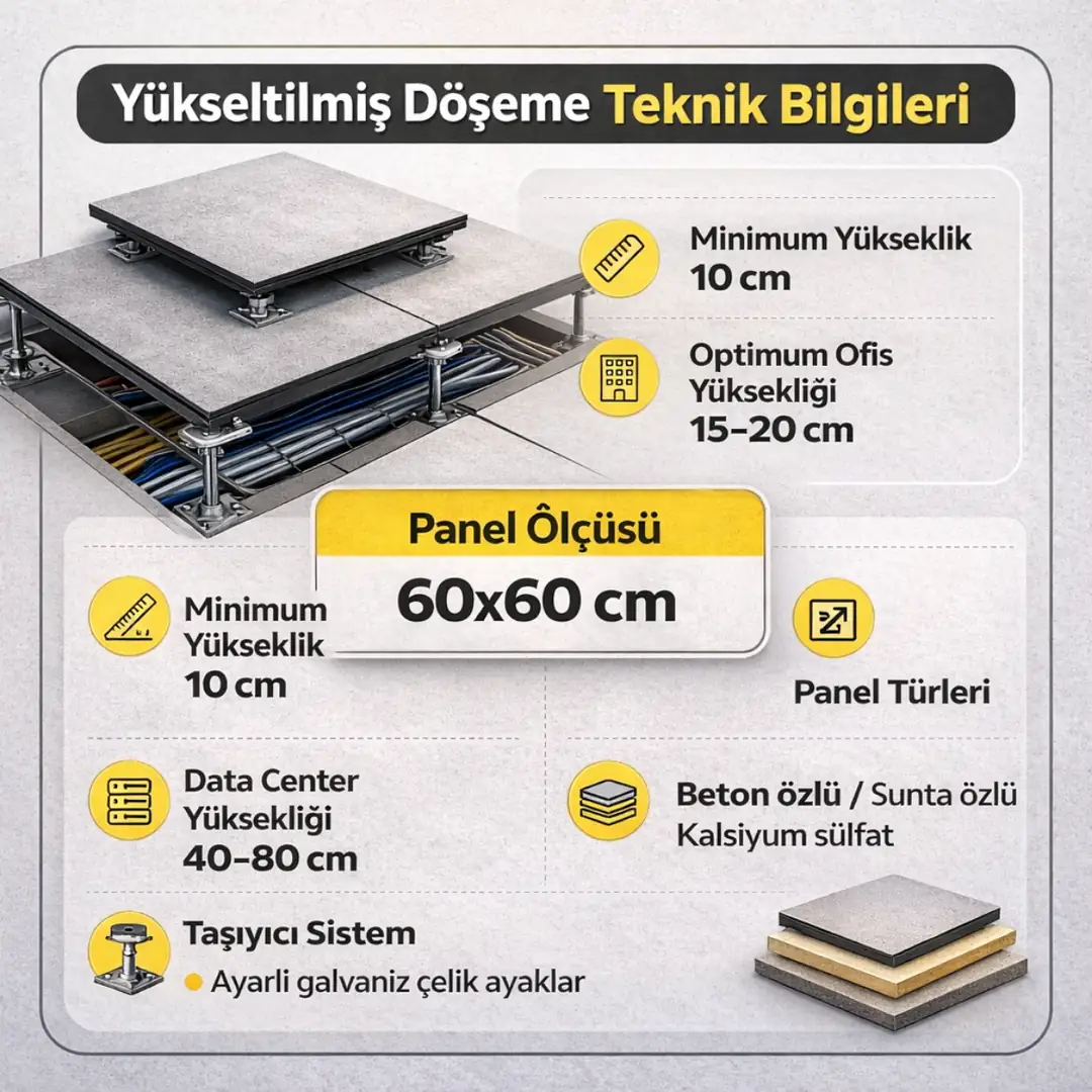 Yükseltilmiş döşeme teknik bilgileri panel ölçüsü yükseklik kapasite&nbsp;