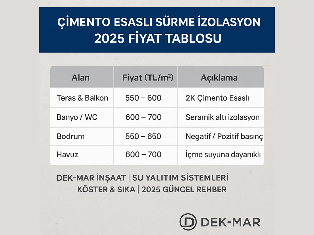 Çimento esaslı sürme izolasyon m2 fiyat tablosu 2025 – Dek-Mar İnşaat