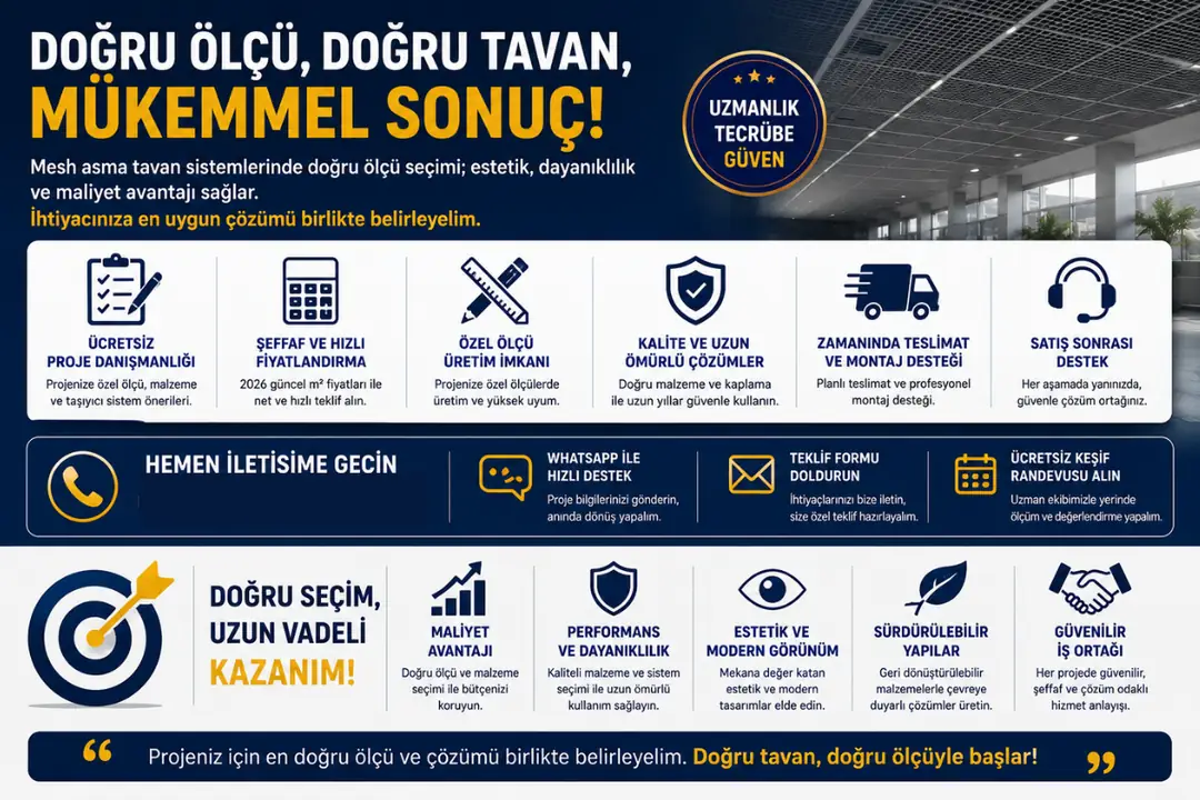 Modern ticari alanda uygulanmış mesh asma tavan sistemi görseli&nbsp;