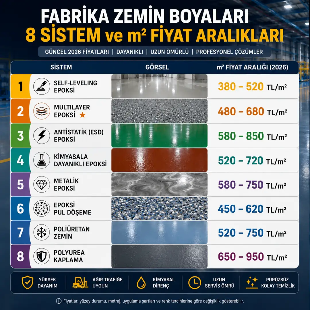 Fabrika zemin boyası fiyatları 2026 epoksi poliüretan polyurea m2 maliyet karşılaştırması&nbsp;