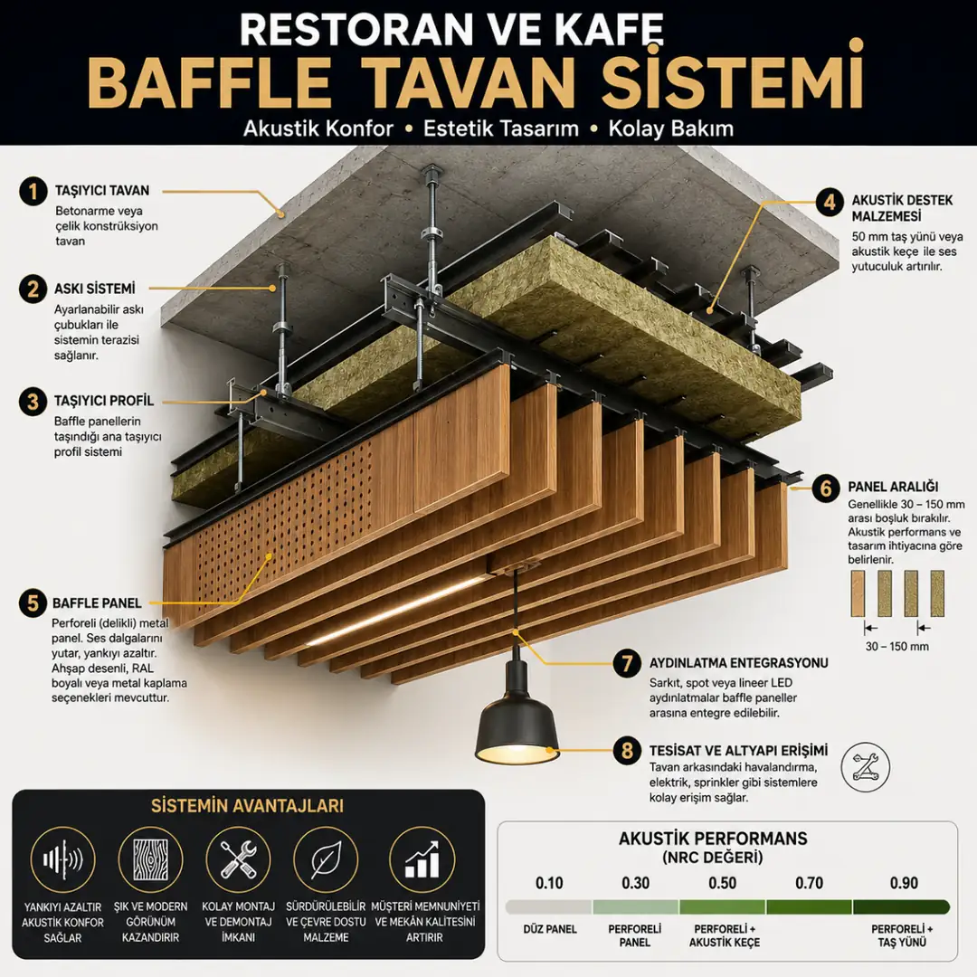Perforeli restoran baffle tavan sistem kesit detayı&nbsp;