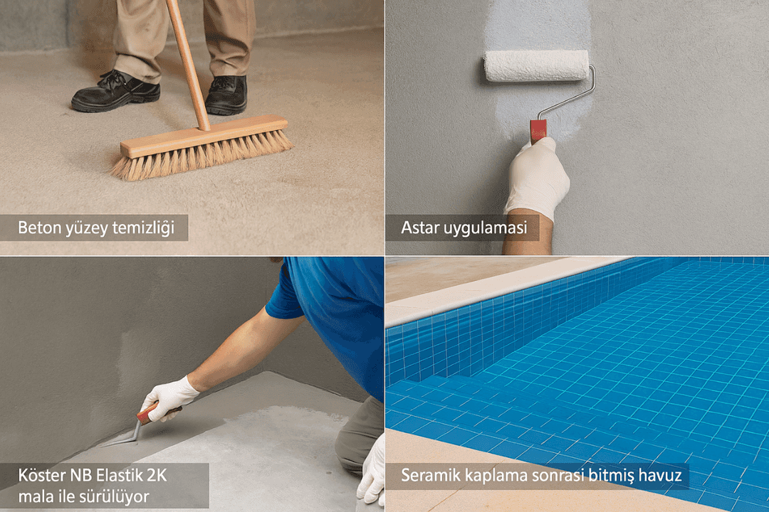 Havuz izolasyonu uygulama süreci: yüzey hazırlığı, astar, su yalıtım katmanları ve seramik kaplama. 