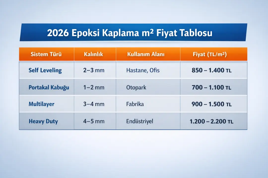2026 epoksi kaplama m2 fiyatları self leveling portakal kabuğu multilayer heavy duty karşılaştırma tablosu