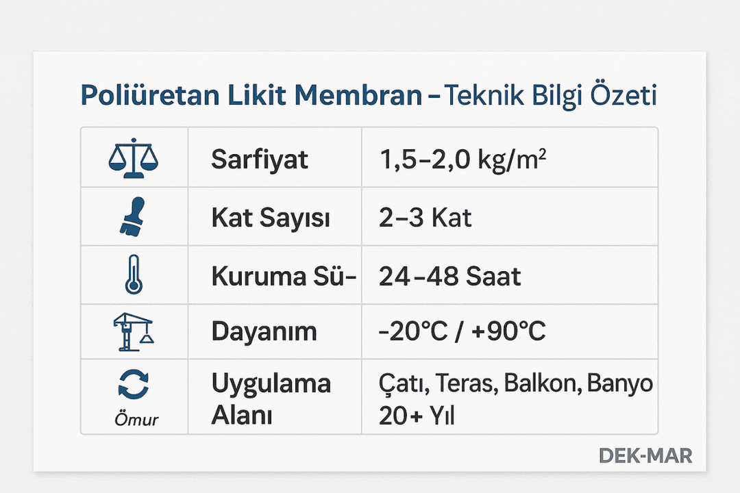 Poliüretan likit membran teknik bilgiler tablosu – sarfiyat, kuruma süresi, kat sayısı, ömür.