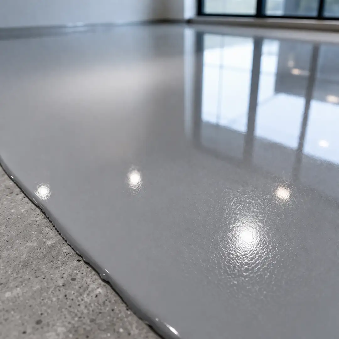 Self leveling epoksi zemin parlak ve derzsiz yüzey ayna efekti detay görünümü&nbsp;