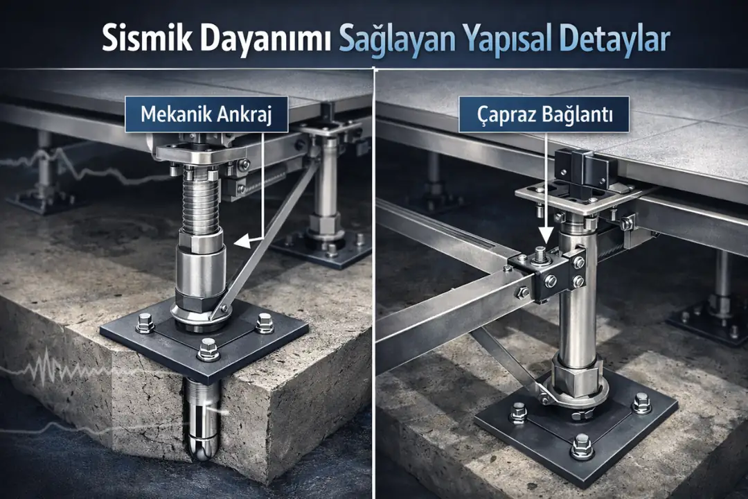 Sismik dayanımlı yükseltilmiş döşeme ankrajlı ayak ve çapraz taşıyıcı detayları ile deprem sırasında stabilite sağlayan sistem