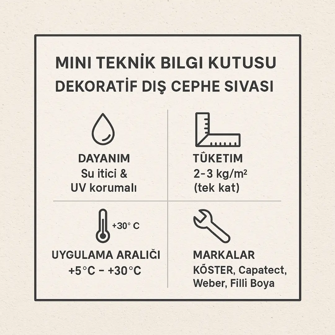 Dekoratif dış cephe sıvası teknik bilgi kutusu – tüketim, sıcaklık, markalar, dayanım