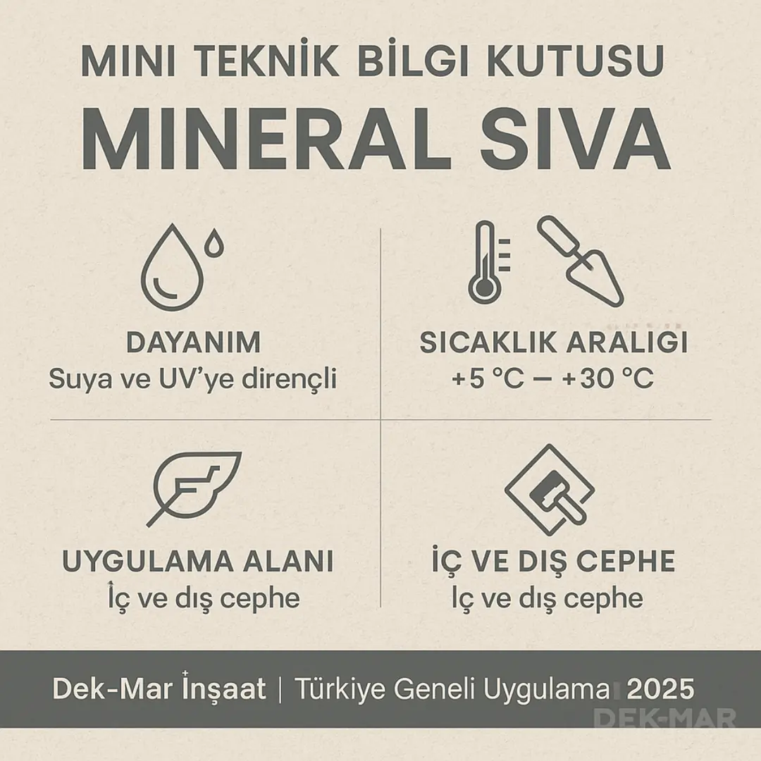 Dek-Mar İnşaat mineral sıva teknik bilgi kutusu – tüketim, dayanım, sıcaklık ve uygulama detayları 2025