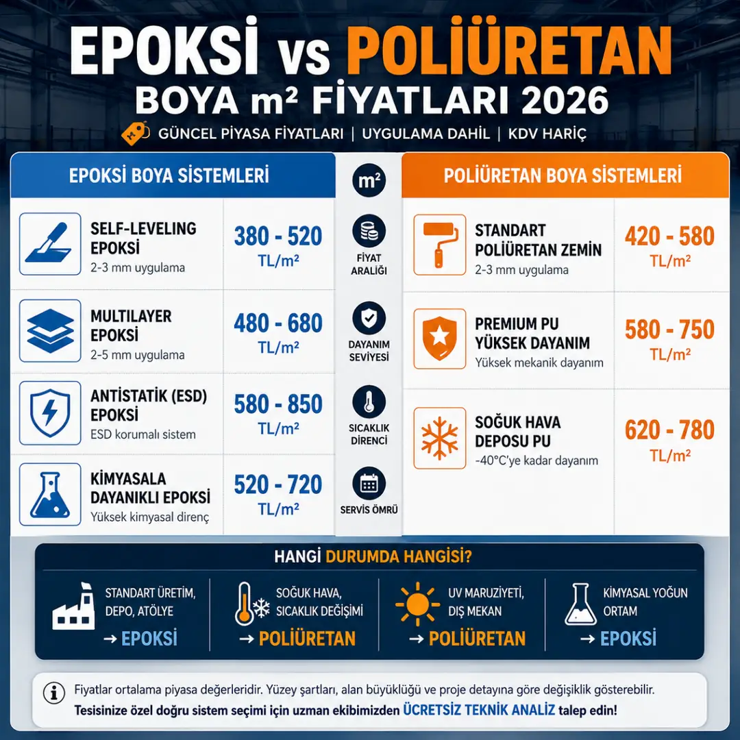 Epoksi ve poliüretan boya sistemleri 2026 m2 fiyat karşılaştırma tablosu&nbsp;