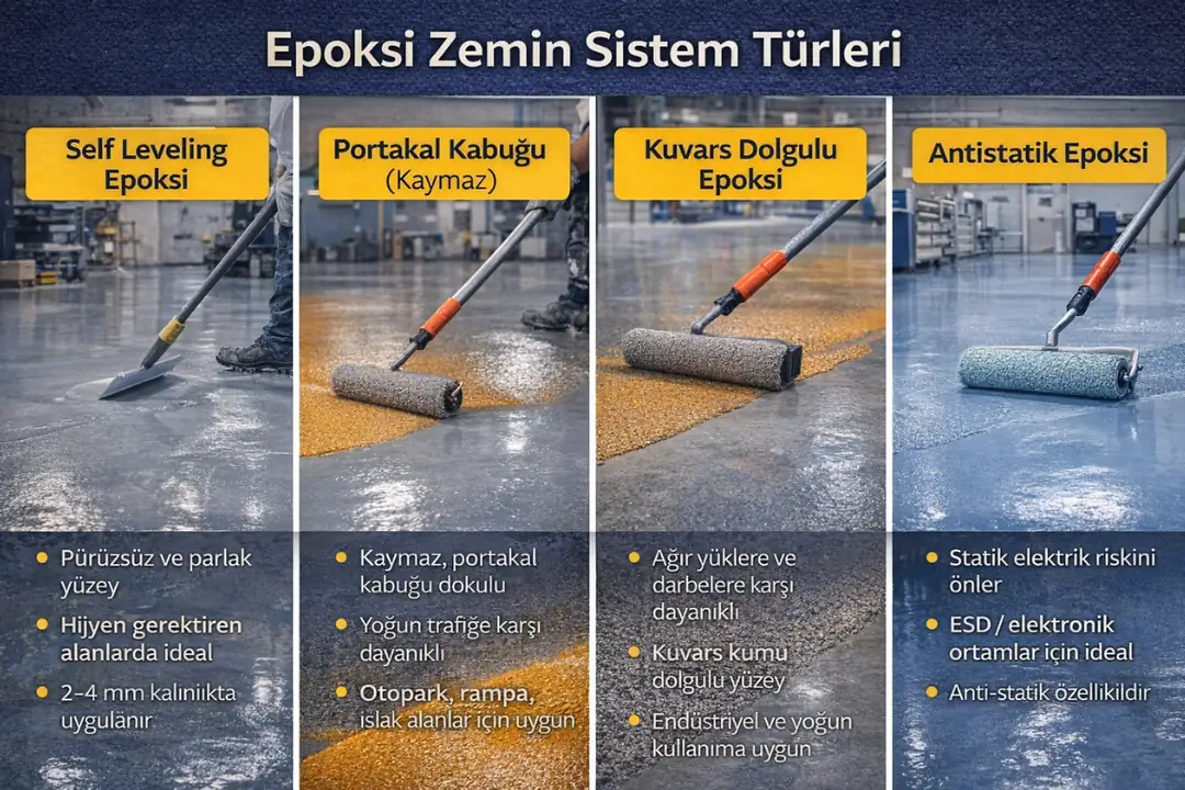 Epoksi zemin kaplama sistem türleri; self leveling, kaymaz, kuvars dolgulu ve antistatik epoksi