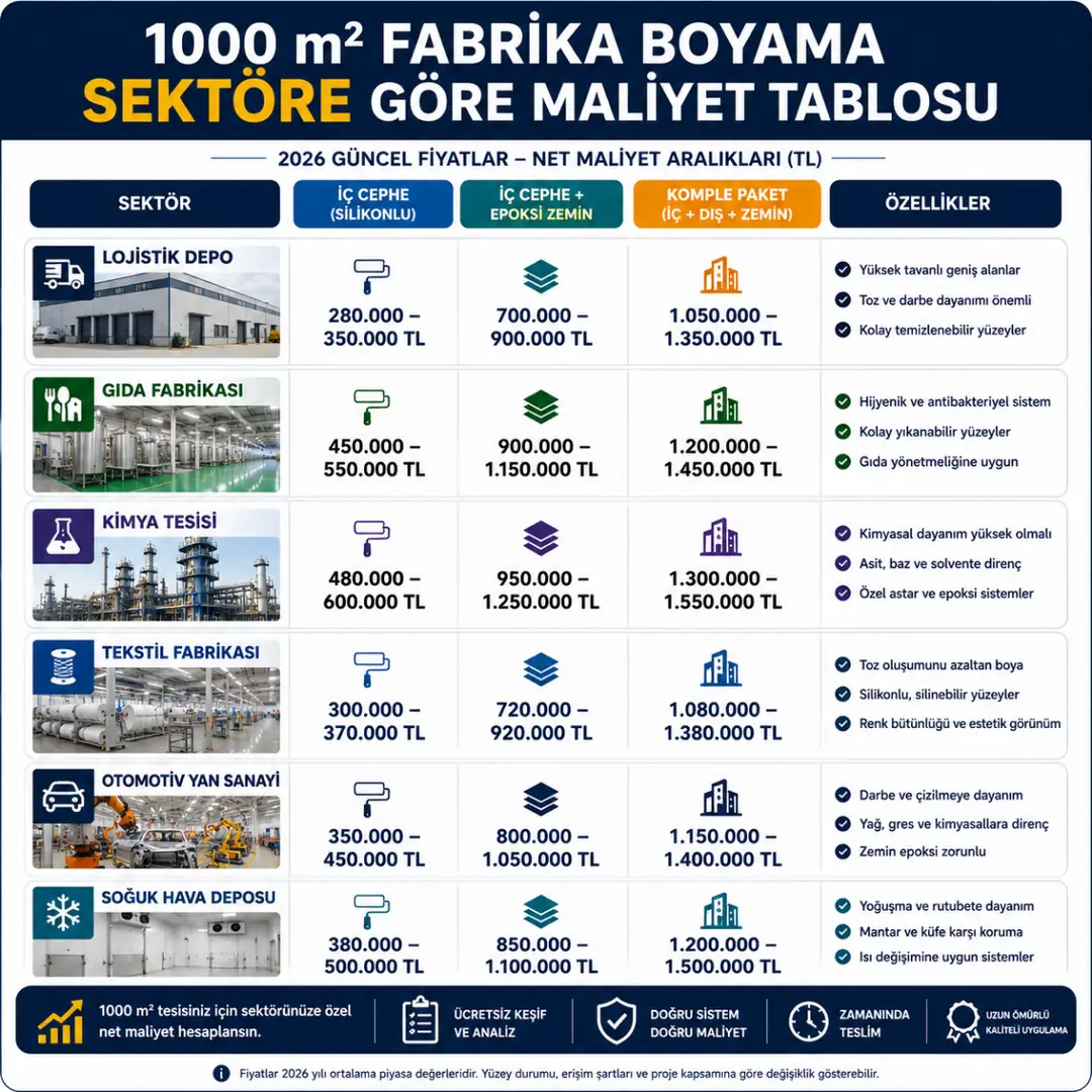 Sektöre göre 1000 m2 fabrika boyama maliyeti lojistik gıda kimya tekstil otomotiv tesisi&nbsp;