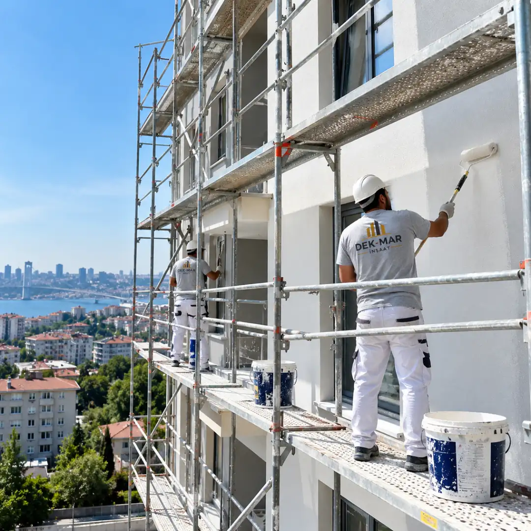 İstanbul'da iskele üzerinde profesyonel ekip tarafından yapılan bina dış cephe boya uygulaması