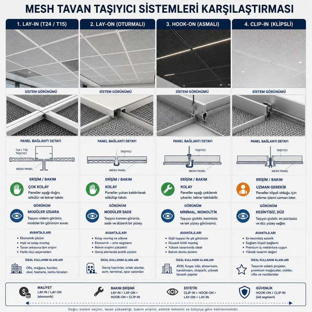 Lay-in, lay-on, hook-on ve clip-in mesh tavan sistemleri karşılaştırması&nbsp;