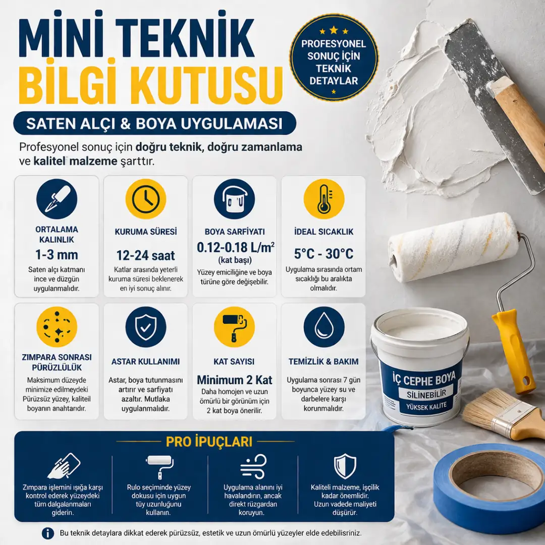 Saten alçı ve boya uygulaması teknik bilgileri, kuruma süresi, kat sayısı, boya sarfiyatı ve ideal uygulama koşulları