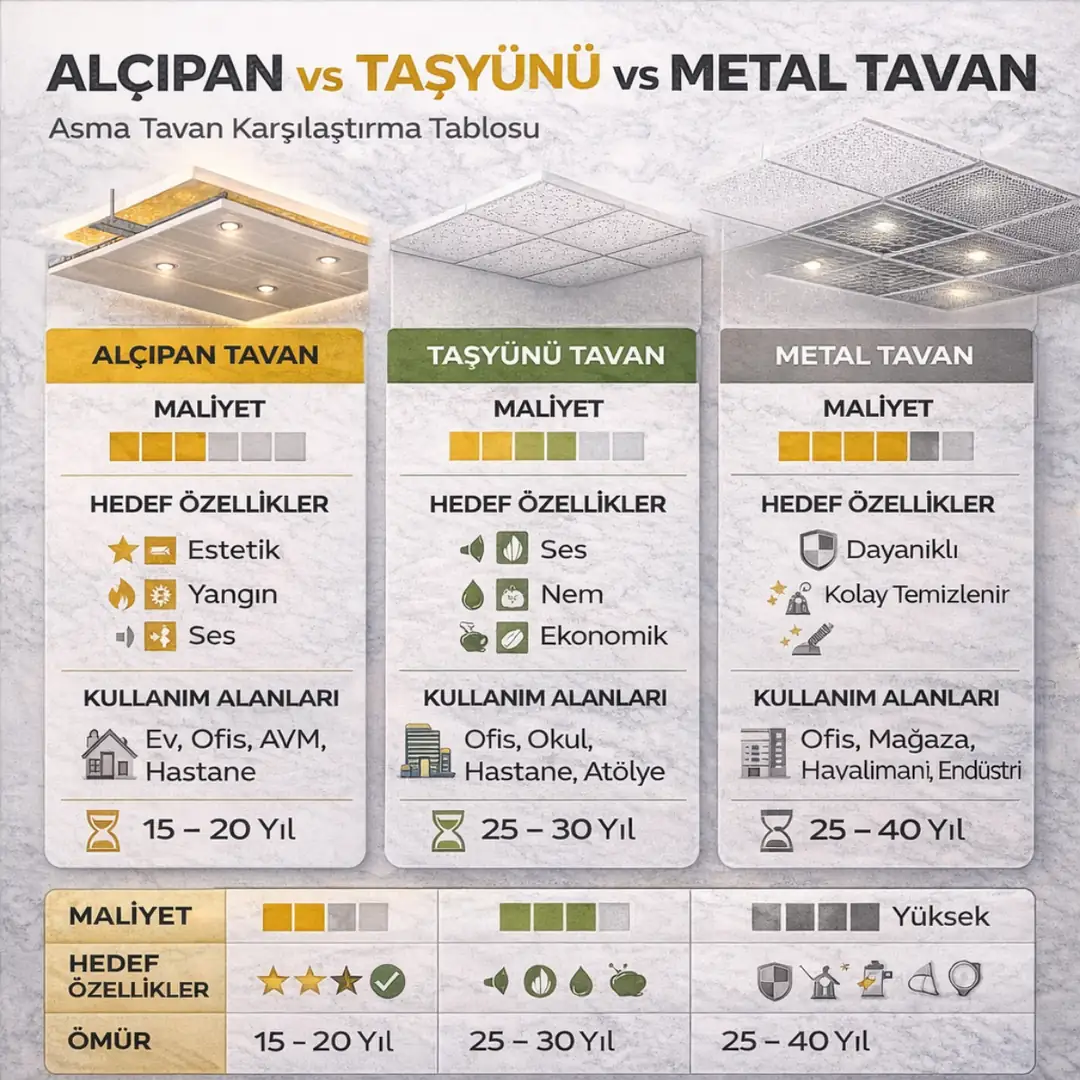 Alçıpan asma tavan ile metal ve taşyünü tavan karşılaştırması
