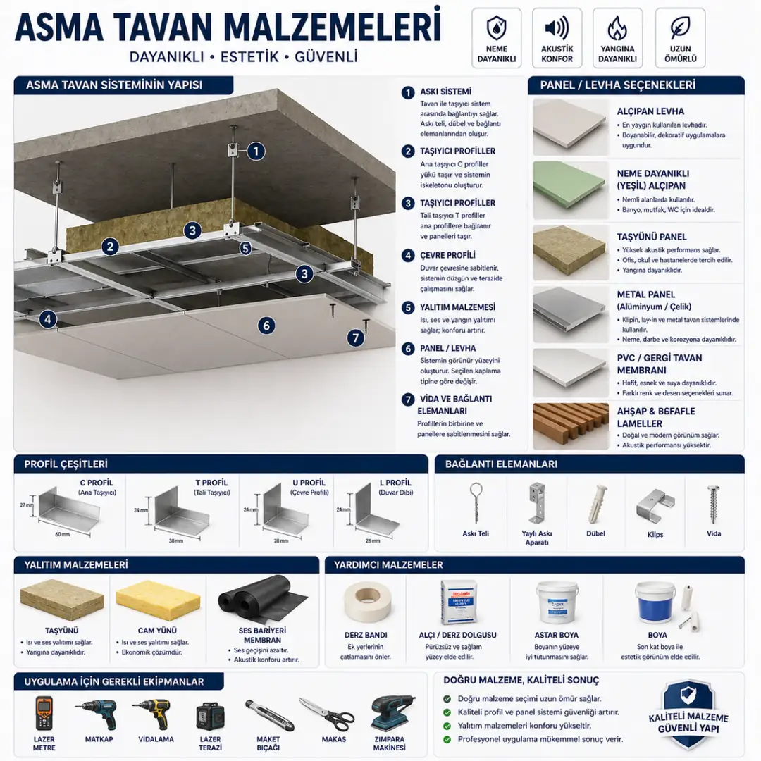 Asma tavan malzemeleri C profil U profil askı teli alçıpan taşyünü panel sistem detayları&nbsp;