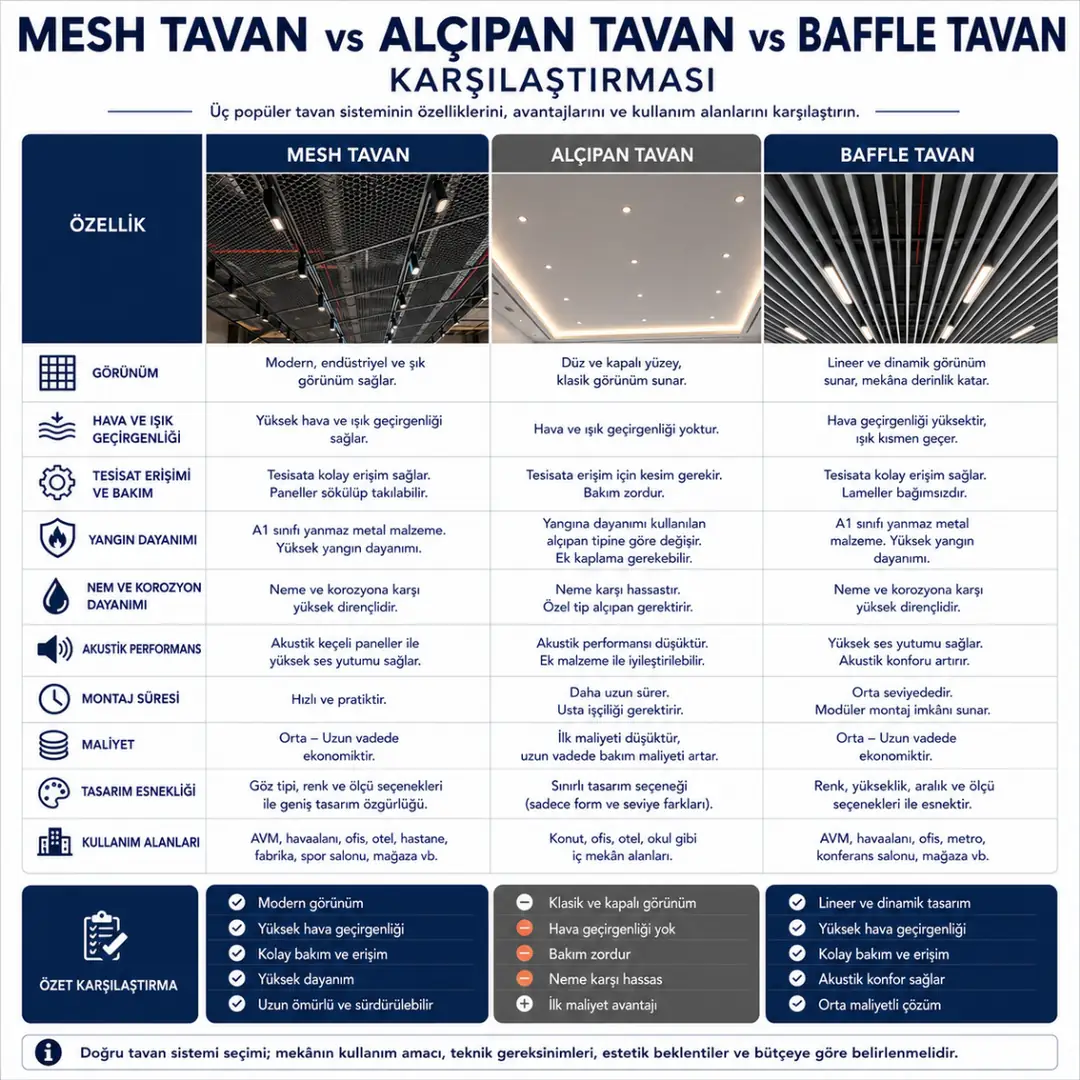 Mesh tavan, alçıpan tavan ve baffle tavan sistemlerinin görünüm, akustik performans, yangın dayanımı ve maliyet açısından karşılaştırılması