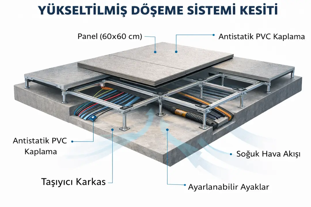 Yükseltilmiş döşeme sistemi kesiti ayak karkas panel yapısı