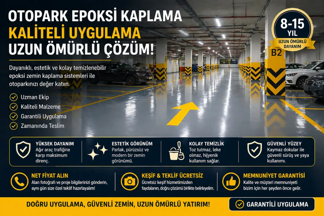Tamamlanmış otopark epoksi kaplama uygulaması temiz ve profesyonel görünüm&nbsp;
