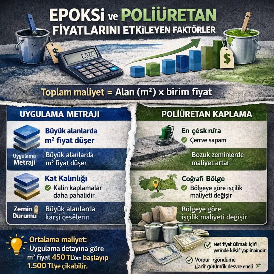Epoksi ve poliüretan zemin kaplama fiyatlarını etkileyen faktörler, metrekare maliyet hesaplama ve uygulama detayları