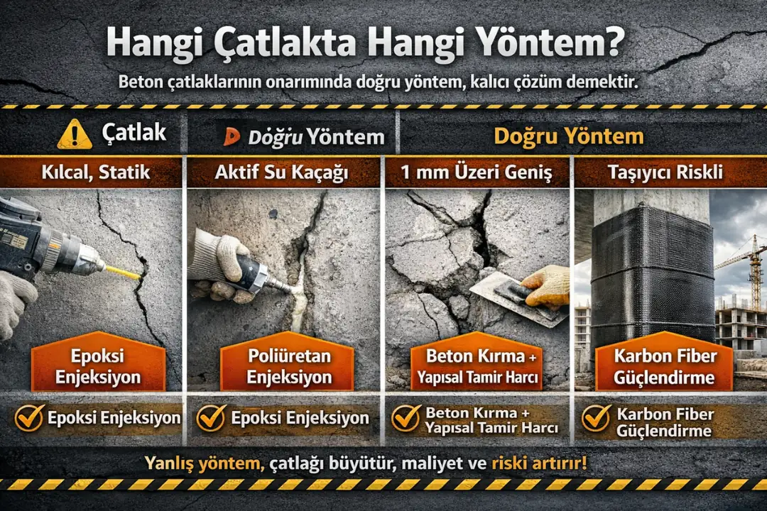 Beton çatlaklarında doğru onarım yöntemi – epoksi enjeksiyon, poliüretan, beton kırma ve karbon fiber güçlendirme karşılaştırması&nbsp;