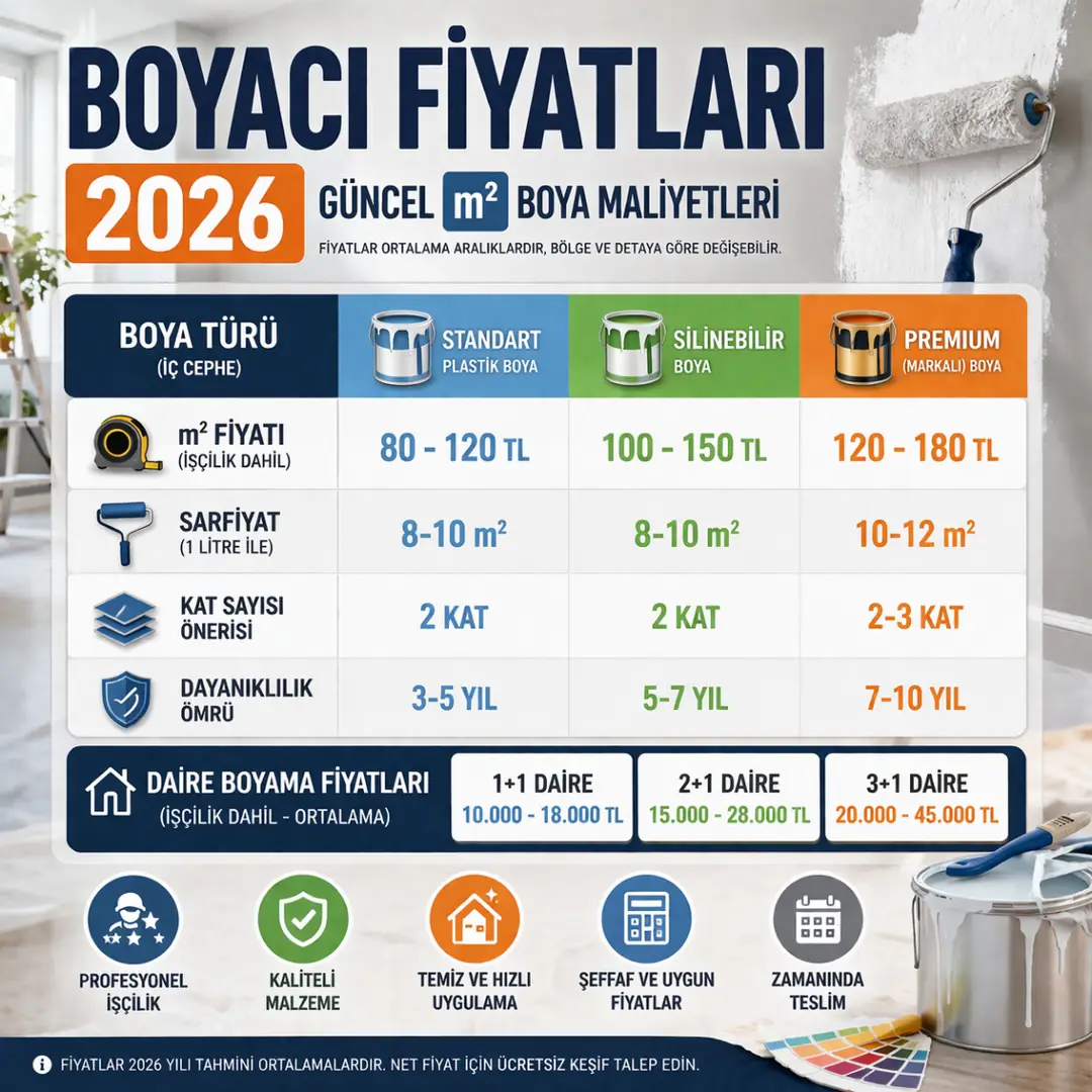2026 iç cephe boya metrekare fiyatları ve boyacı maliyet karşılaştırma tablosu&nbsp;