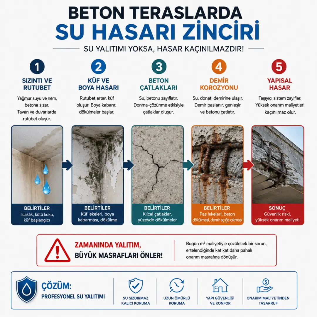 Su yalıtımı olmayan beton teraslarda oluşan hasar zinciri&nbsp;