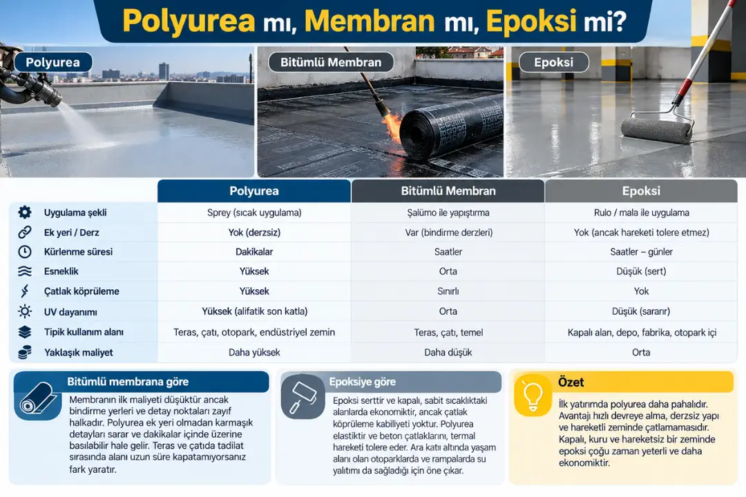 Polyurea, bitümlü membran ve epoksi kaplama sistemlerinin özelliklerini karşılaştıran tablo.