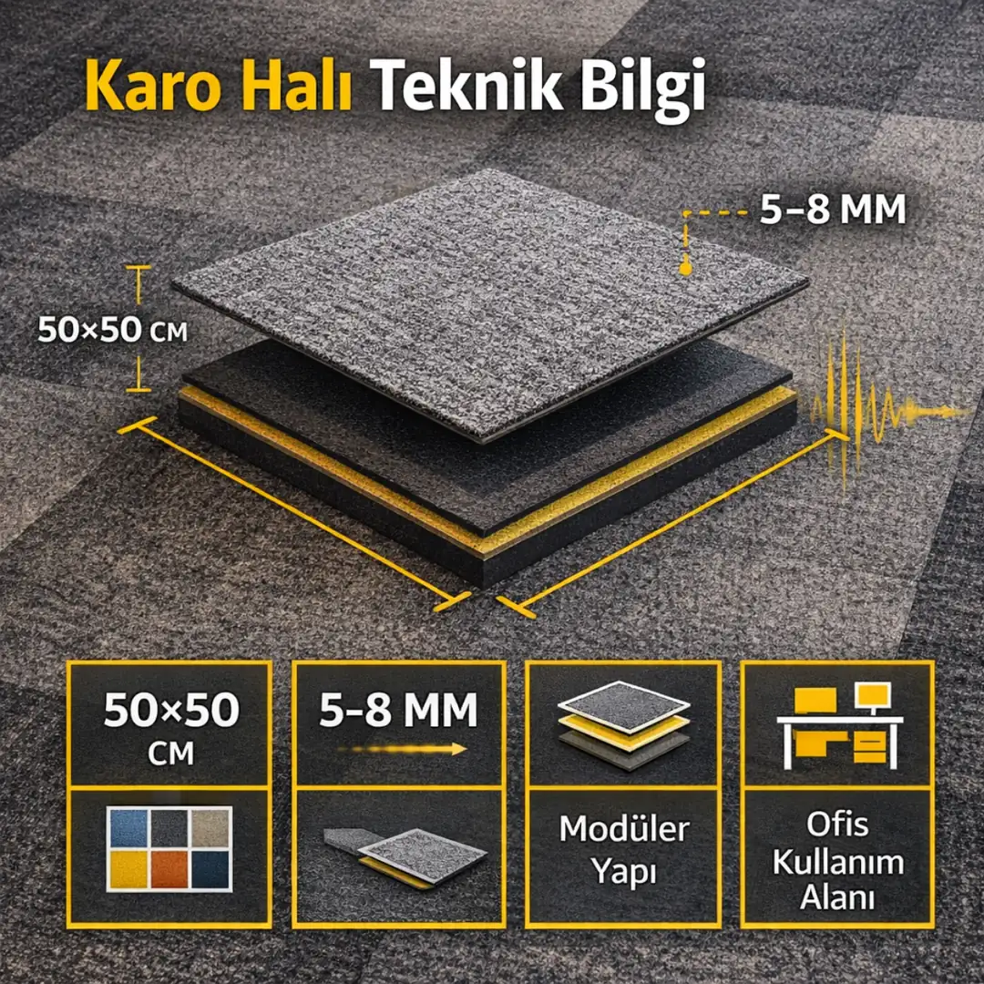 Karo halı ölçü, kalınlık ve modüler yapı teknik özellikleri infografik&nbsp;
