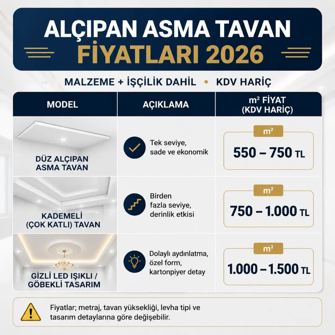2026 alçıpan asma tavan metrekare fiyatları ve model karşılaştırma tablosu&nbsp;